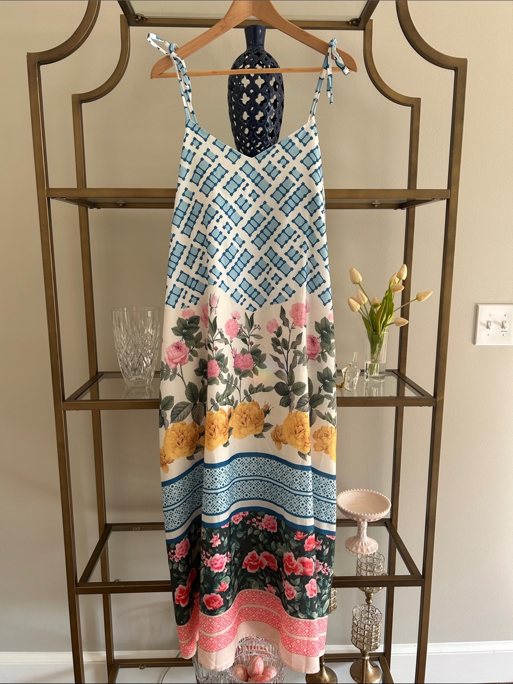 Dalia MacPhee Floral Maxi Sundress with Blue Geometric and floral Print